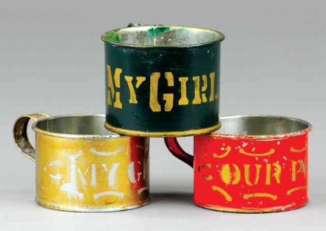 Appraisal: LOT OF THREE CHILDREN'S TIN CUPS Early miniature painted tin