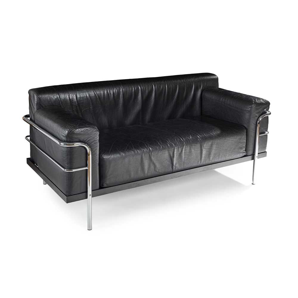 Appraisal: AFTER LE CORBUSIER SOFA MODERN chromium-plated steel frame leather upholstery