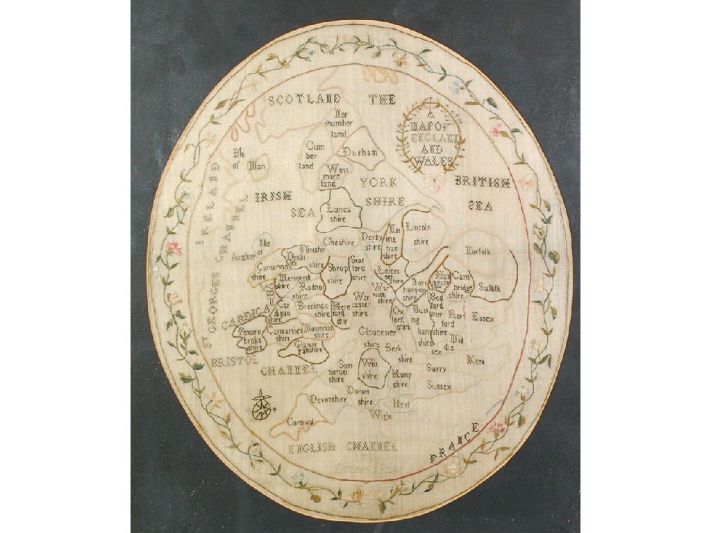 Appraisal: ELIZA FILDES LATE EIGHTEENTH CENTURY EMBROIDERED MAP OF ENGLAND AND