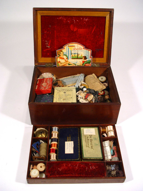 Appraisal: Victorian mahogany sewing box with lift out tray and contents