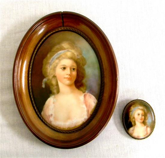 Appraisal: Hand painted porcelain portrait brooch depicting young woman in pink