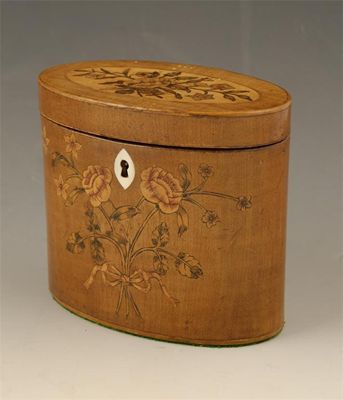 Appraisal: A George III harewood and marquetry oval tea caddy inlaid