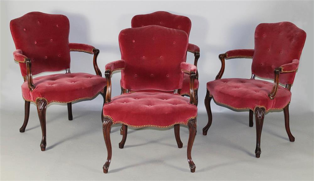 Appraisal: SET OF FOUR GEORGE III CARVED MAHOGANY OPEN ARMCHAIRS ca