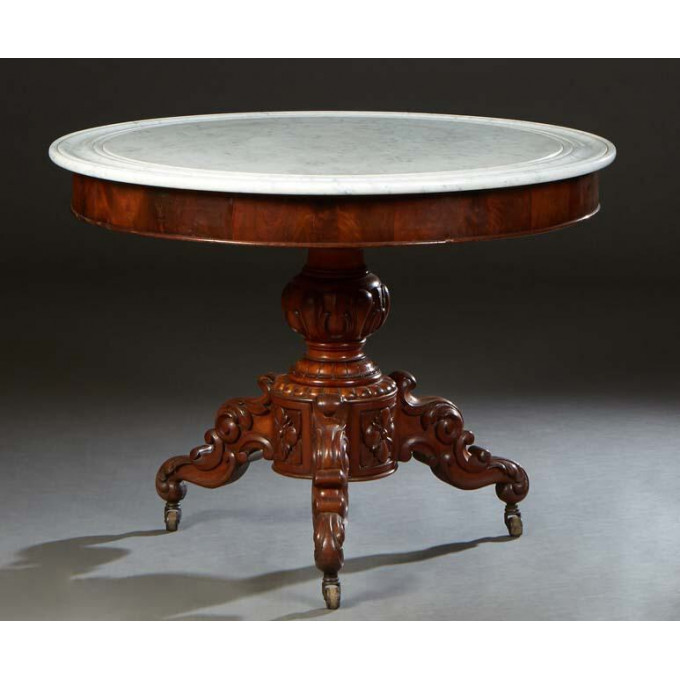 Appraisal: French Carved Walnut Marble Top Center Table th c the