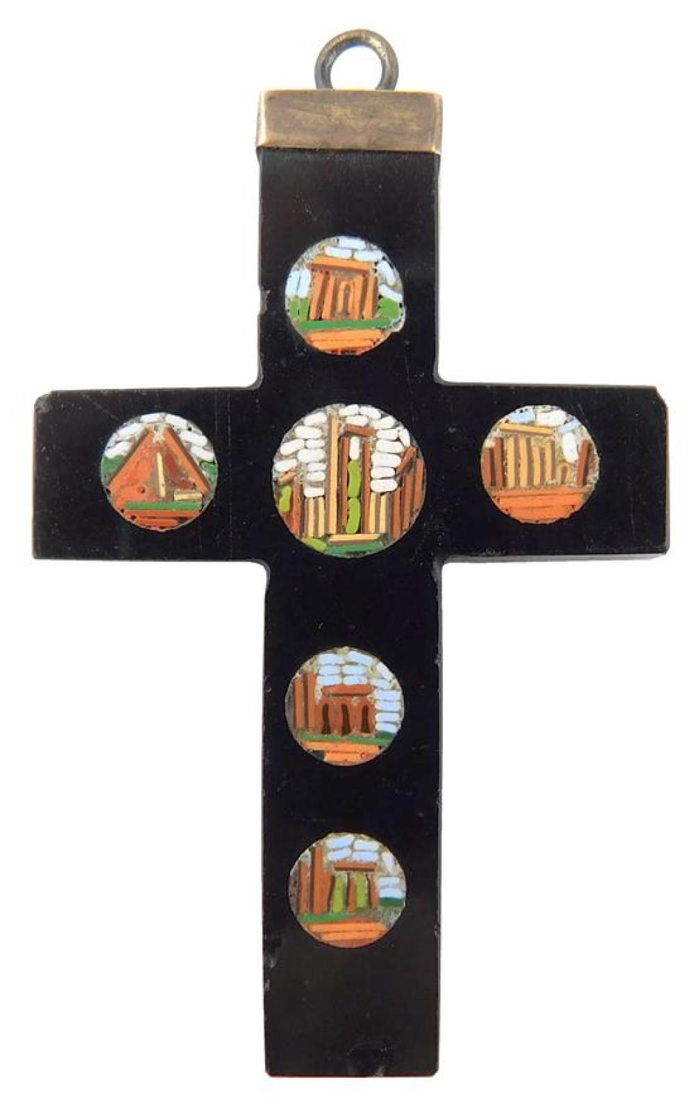 Appraisal: JEWELRY Micro-mosaic cross pendant featuring six miniature mosaic depictions of