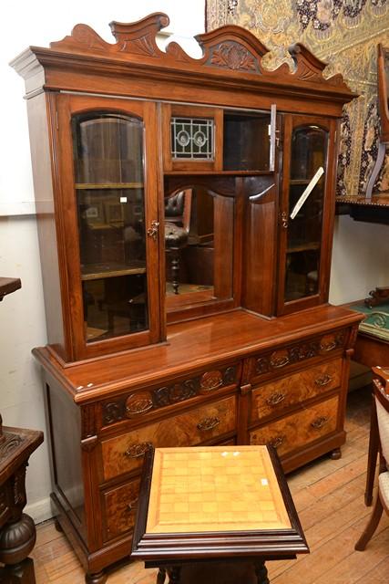 Appraisal: AN EDWARDIAN WALNUT SIDEBOARD WITH LEADLIGHT PANELS AND GLAZING AN