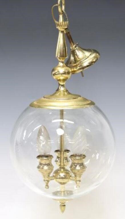 Appraisal: BRASS GLASS THREE-LIGHT GLOBE CHANDELIERBrass and glass three-light chandelier th