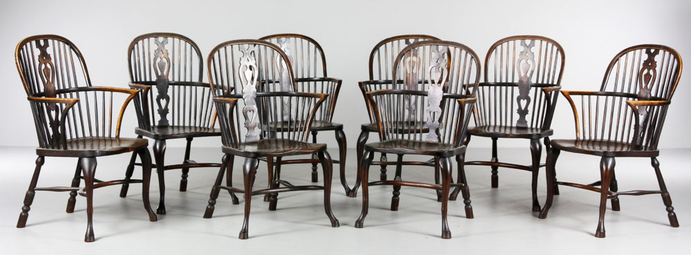 Appraisal: - English Yew Wood Arm Chairs Set of eight English