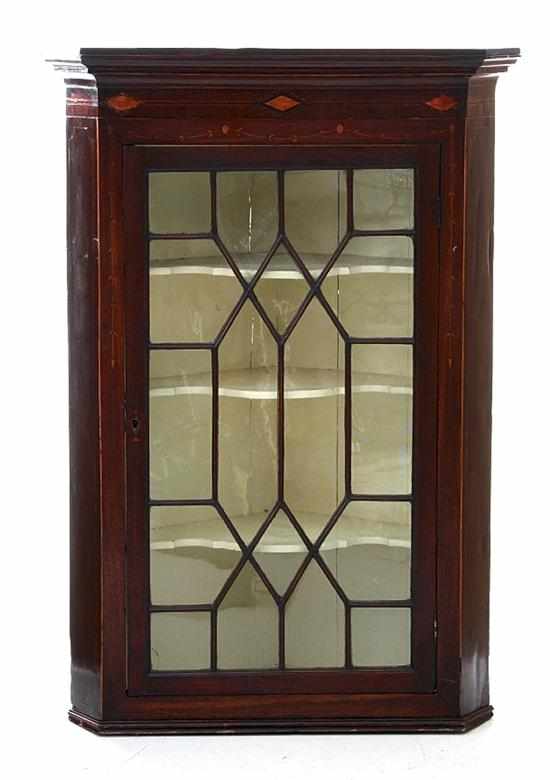 Appraisal: George III inlaid mahogany hanging corner cabinet late th century