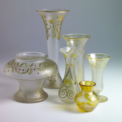 Appraisal: HONESDALE Six vases cut-back or painted with Art Nouveau floral