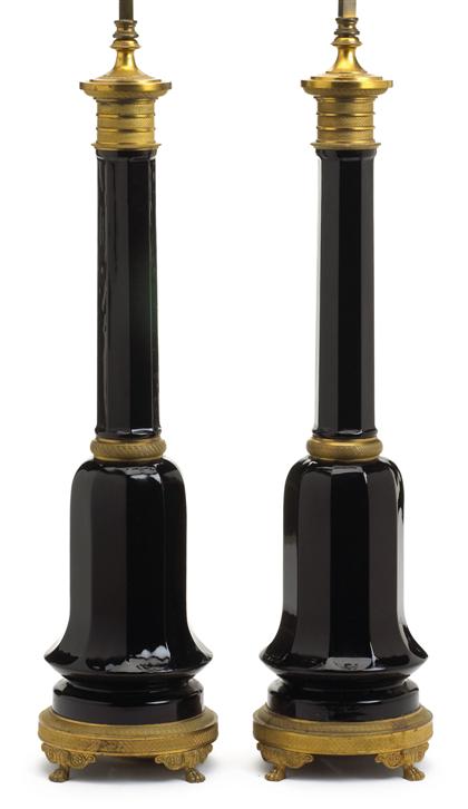 Appraisal: Pair of Continental black glass and gilt bronze lamps The