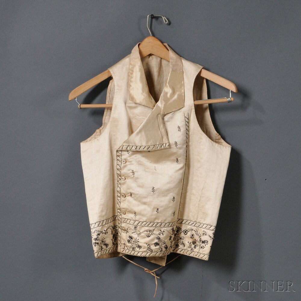 Appraisal: Embroidered Silk Man's Vest America late th century hand-stitched cream-colored