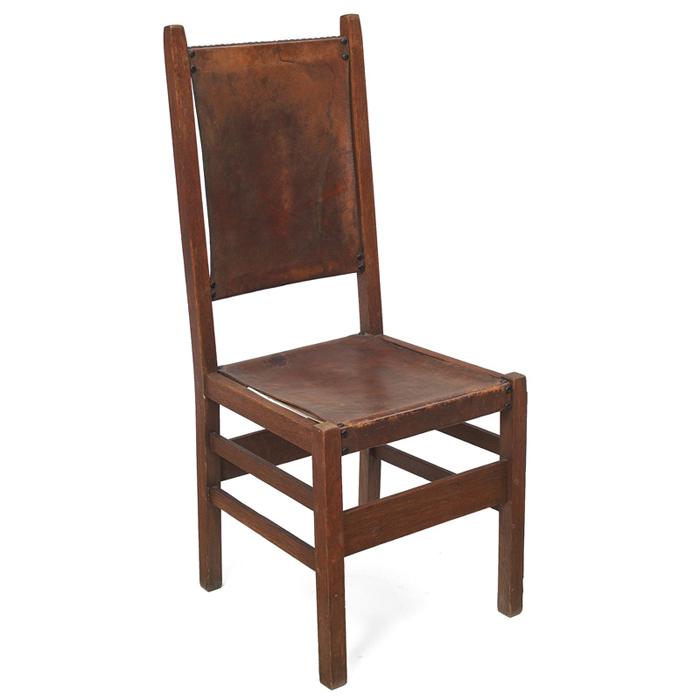 Appraisal: Unusual Gustav Stickley side chair original leather seat and back