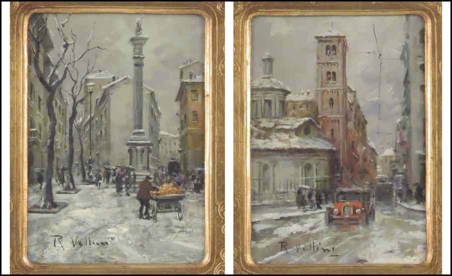 Appraisal: R VELLINI TH CENTURY TWO STREET SCENES Oil on board