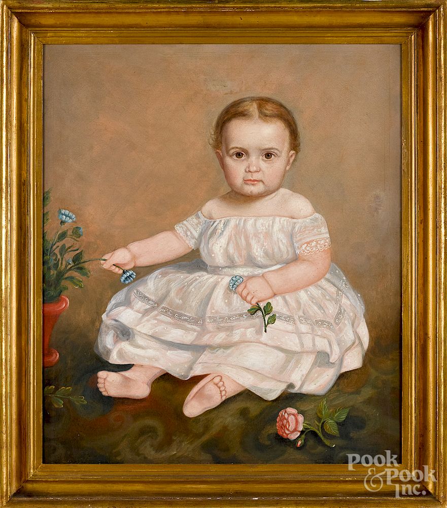 Appraisal: Oil on canvas portrait of child with flowers Oil on