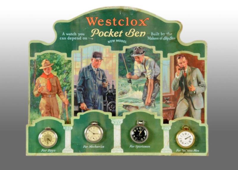 Appraisal: Cardboard Westclox Pocket Watch Display Description Includes four watches all