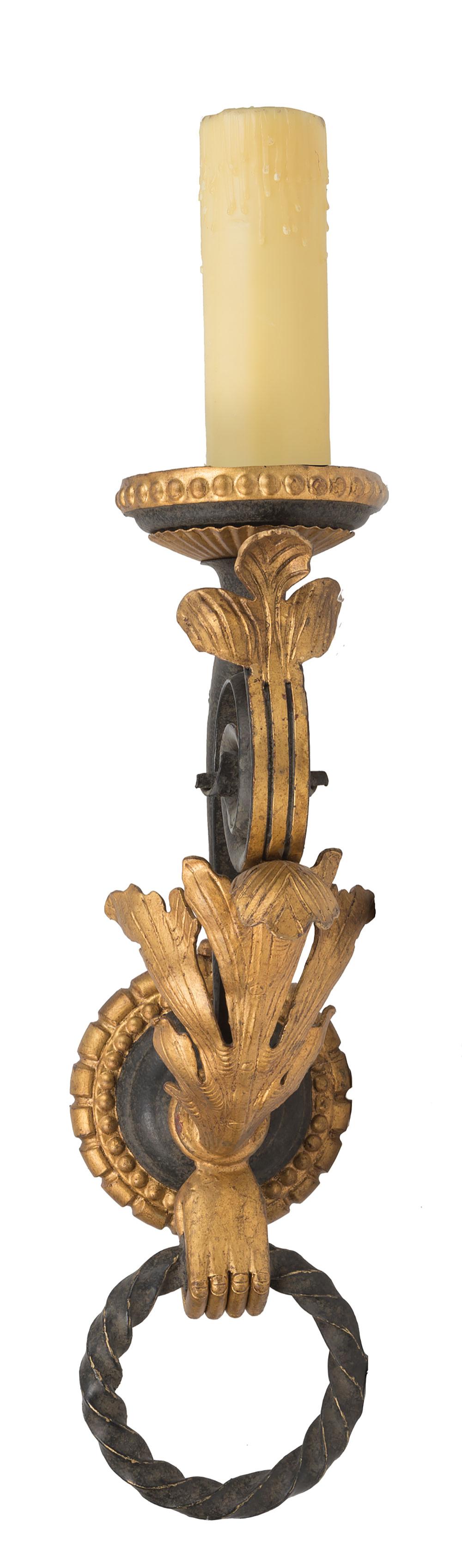 Appraisal: Four Gilt and Patinated Metal Sconces th c scroll and