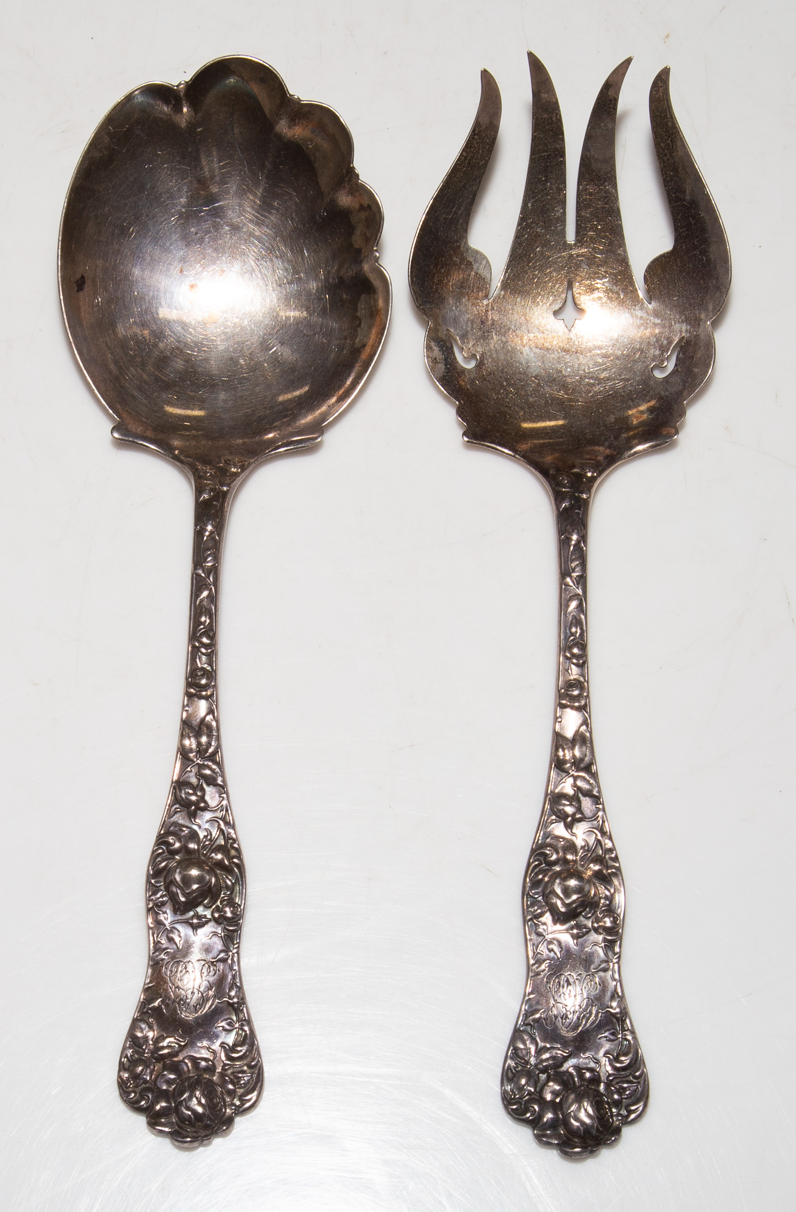 Appraisal: GALT BRO ART NOUVEAU STERLING SALAD SERVERS In a rose