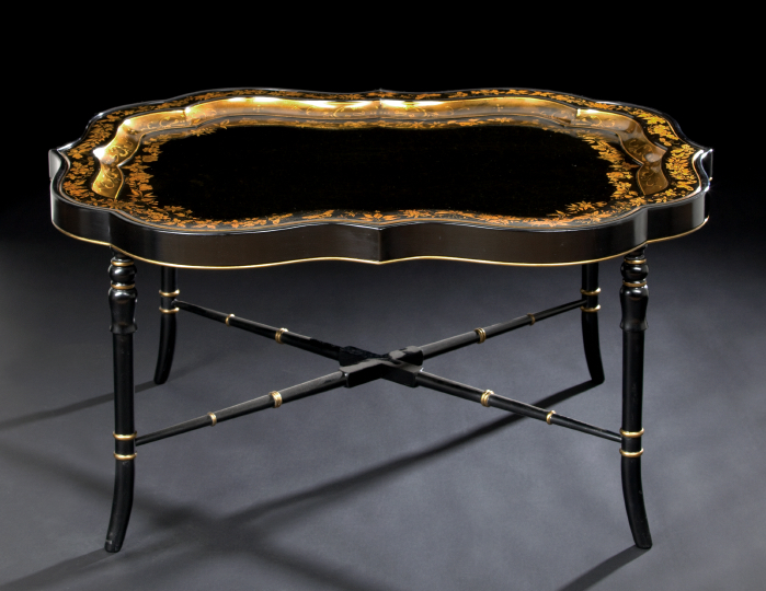 Appraisal: English Black-Lacquered Papier-Mache Tray early th century the shaped tray