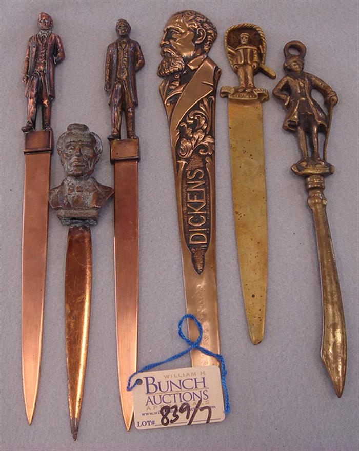 Appraisal: Lot of vintage brass copper figural letter openers Including Abraham