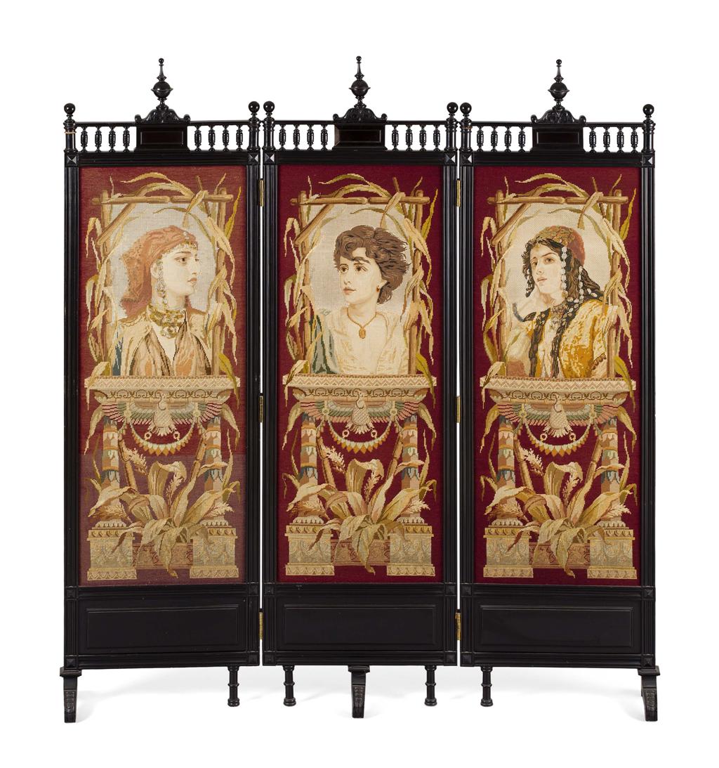 Appraisal: LATE VICTORIAN EBONISED AND NEEDLEWORK THREE FOLD SCREEN LATE TH