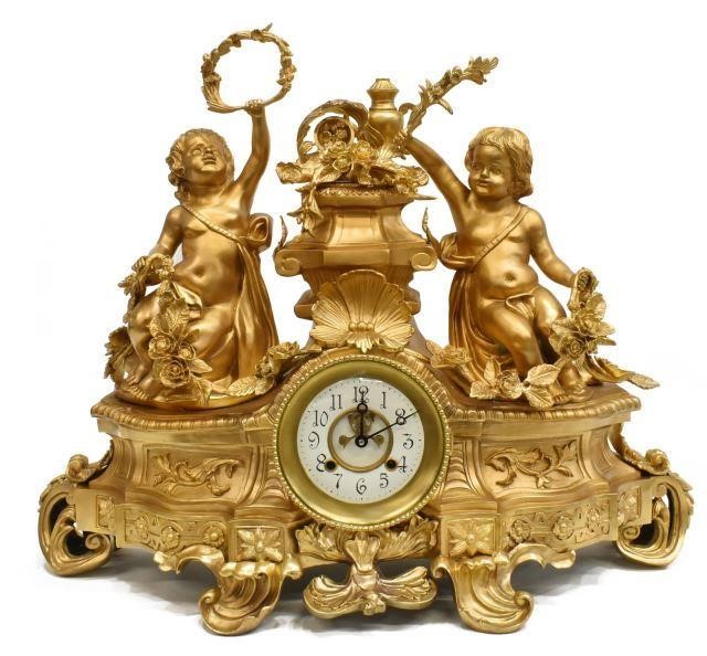 Appraisal: Monumental French Rococo style gilt metal clock two full-body winged