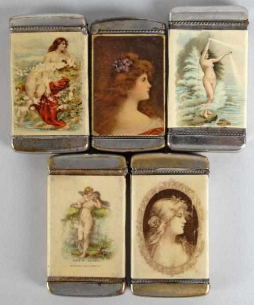 Appraisal: Lot of Assorted Celluloid Adv Match Safes Description Featuring nude