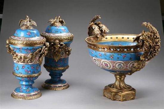 Appraisal: THREE PIECE GARNITURE SET Large compote with ornate floral brass