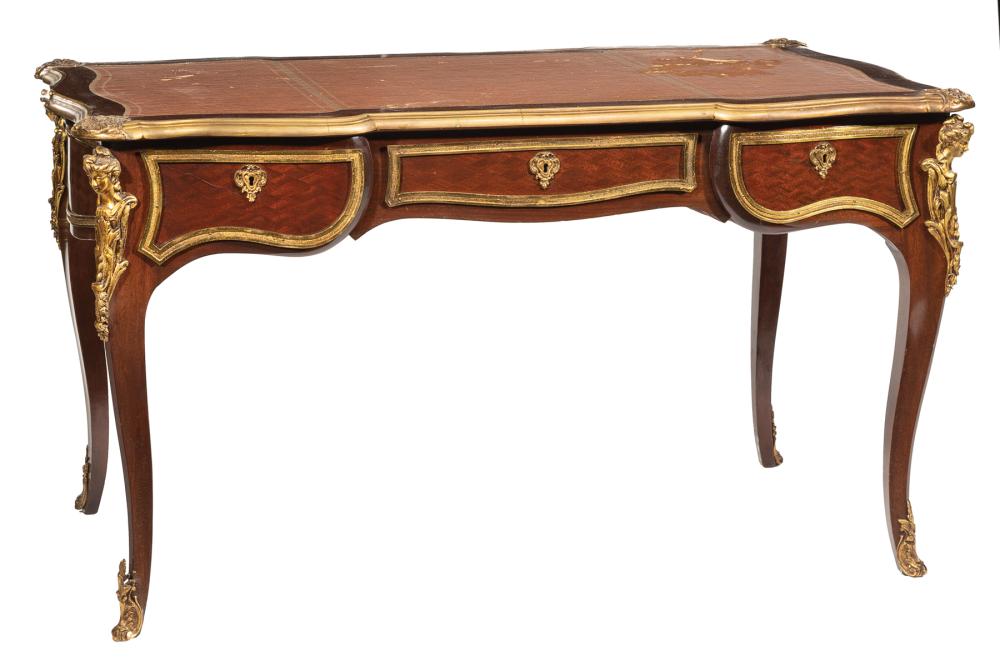 Appraisal: Louis XV-Style Bronze-Mounted Parquetry Bureau Plat inset tooled leather writing