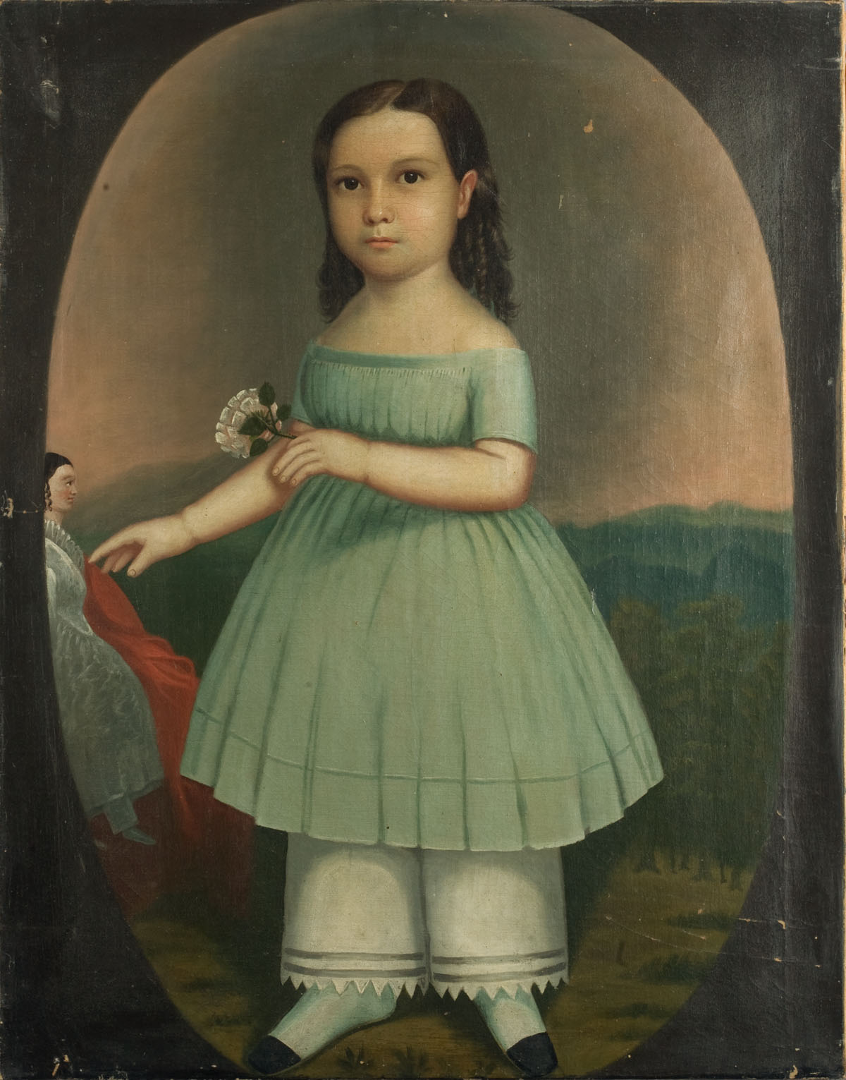 Appraisal: AMERICAN PRIMITIVE PORTRAIT OF A STANDING CHILD WITH DOLL Oil