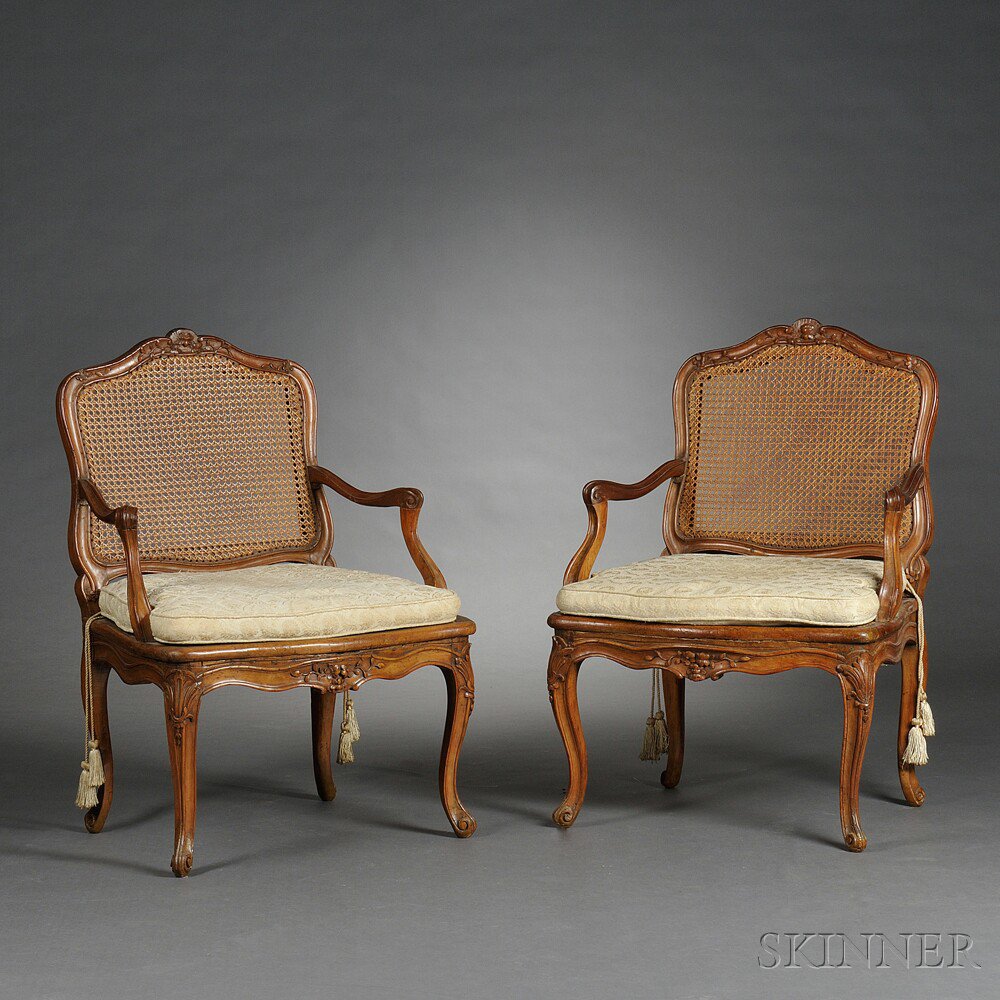 Appraisal: Pair of Louis XV Beechwood Fauteuil c each with a