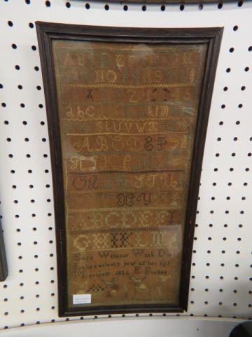 Appraisal: Sampler Ellen Weldone age Morrisville E Burton alphabet with animals