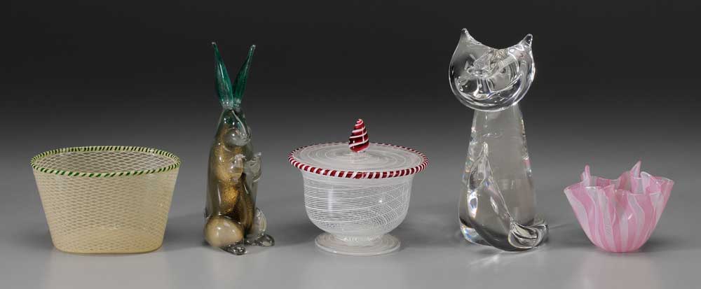 Appraisal: Five Pieces Decorative Glass Steuben fox - in Italian rabbit