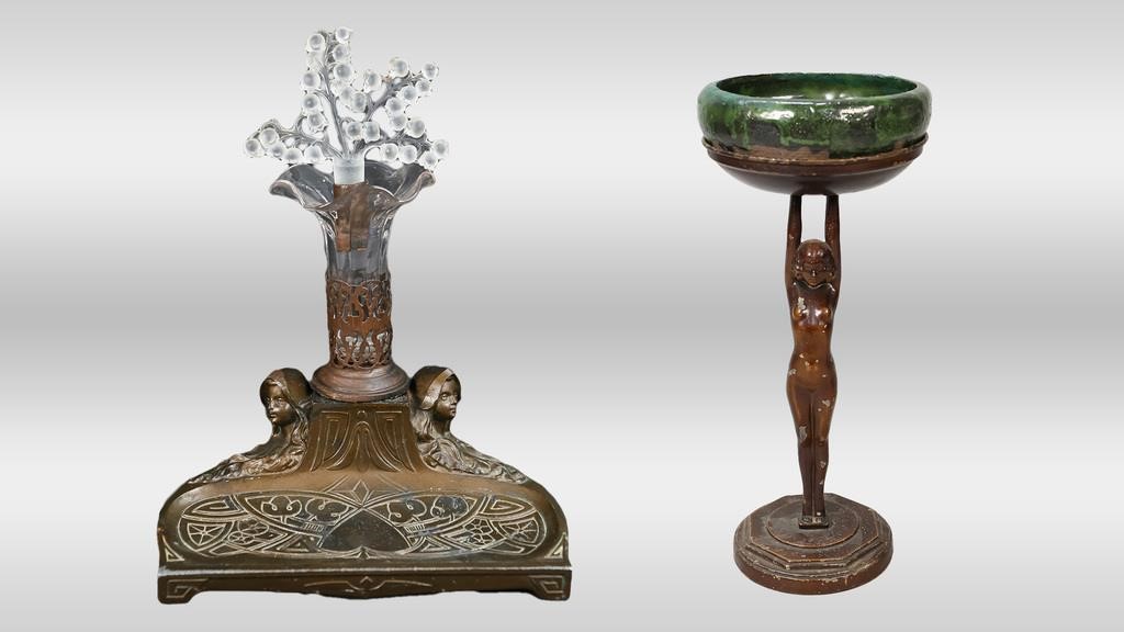 Appraisal: FIGURAL TRAY AND INKWELLArt Nouveau figural ink stand with glass