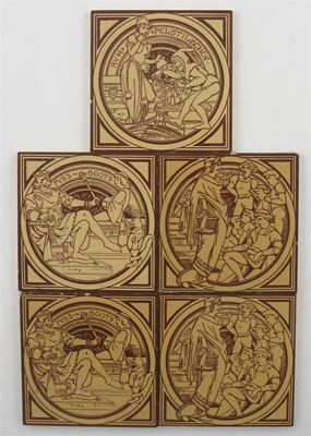 Appraisal: Fairy Tales' five Minton pottery tiles designed by John Moyr