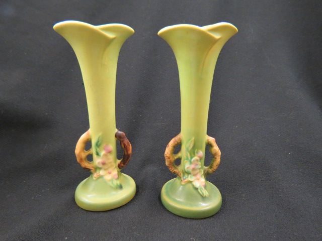 Appraisal: Roseville Pottery Apple Blossom Bud Vases matched pair yellow green