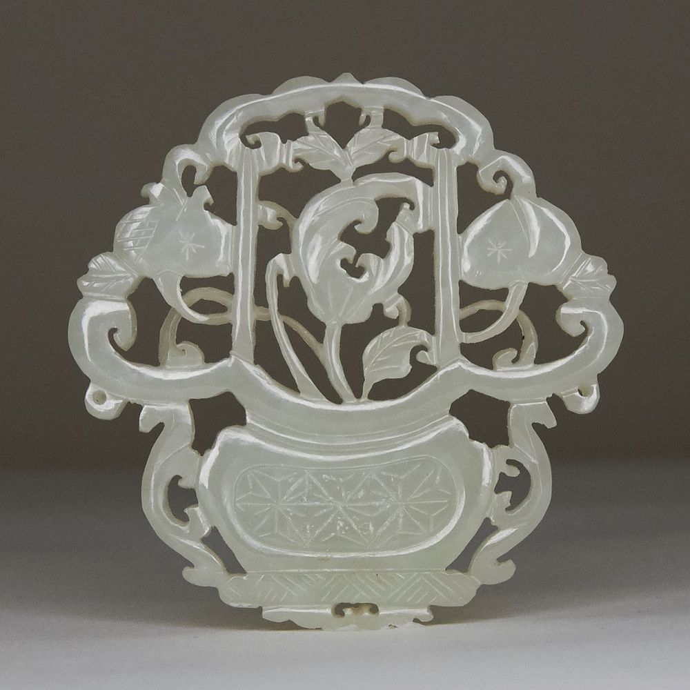 Appraisal: Chinese Jade Carving of Basket w Flowers Chinese pale celadon