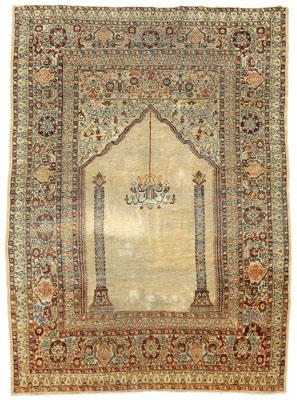 Appraisal: Turkish prayer rug central mihrab flanked by two columns on