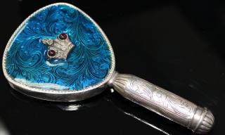 Appraisal: A Lady's Russian Silver Enameled Vanity Mirror containing cobalt blue