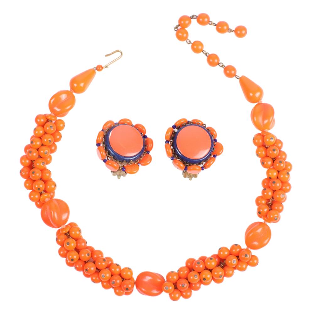 Appraisal: GERMAN ORANGE KNITTED GLASS BEAD NECKLACE WITH MIRIAM HASKELL EARRINGS