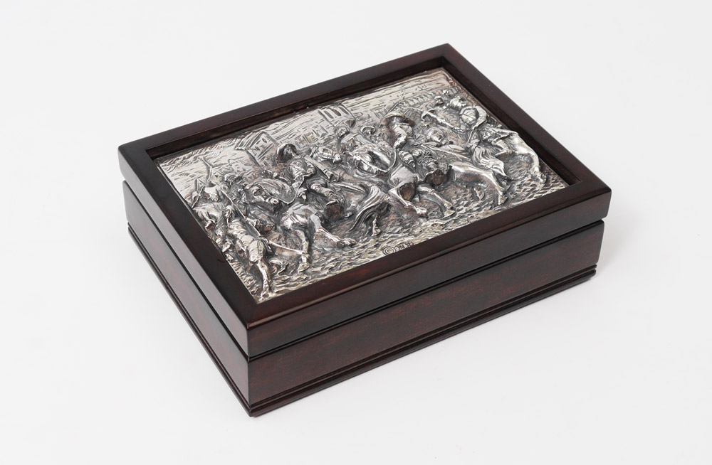 Appraisal: HENRYK WINOGRAD STERLING EMBOSSED MAHOGANY BOX Mahogany box with inset