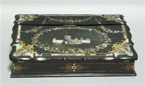 Appraisal: VICTORIAN LADY'S WRITING DESK Of papier mache inlaid with mother-of-pearl