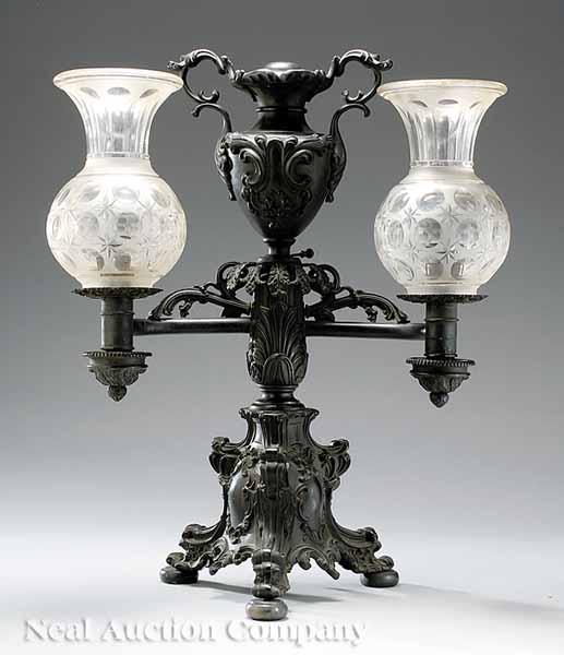 Appraisal: A Very Fine English Patinated Bronze Two-Light Argand Lamp mid-