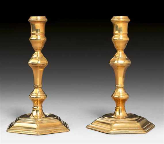 Appraisal: PAIR OF SMALL BRASS CANDLEHOLDERS George II England circa H