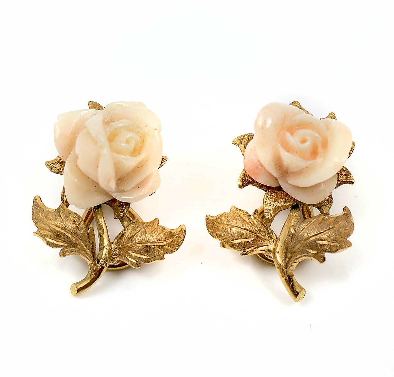 Appraisal: K CORAL ROSE EARRINGS K yellow gold earrings with carved