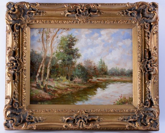 Appraisal: Landscape Oil on Canvas Painting Landscape painting depicting a birch