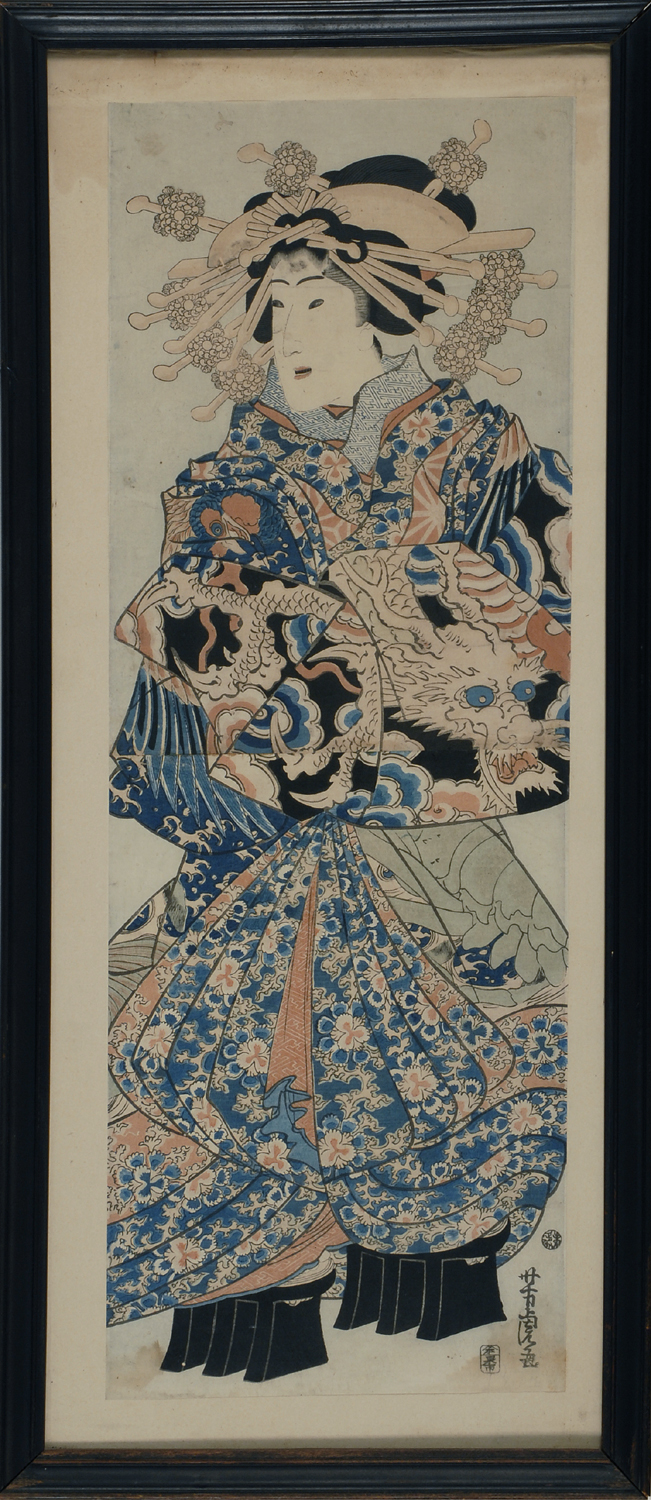 Appraisal: YOSHITORA KakemonoDepicting a woman in a dragon-pattern kimono Framed ConditionFaded