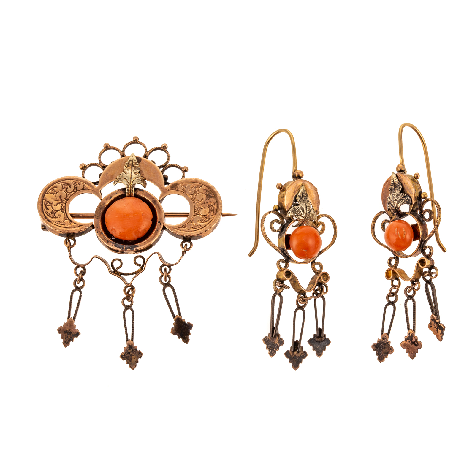 Appraisal: VICTORIAN CORAL EARRINGS BROOCH SET IN K K yellow gold