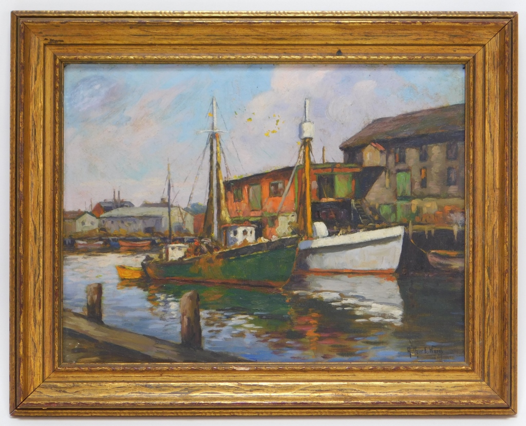 Appraisal: ARTHUR E WARD IMPRESSIONIST HARBOR PAINTING Maine - Depicts docked