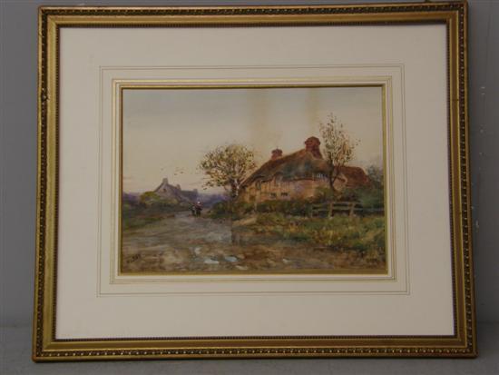 Appraisal: H Day watercolour cottage scene with lane and figures h